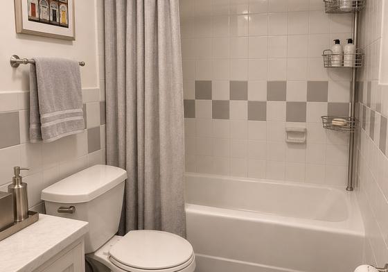 Full bathroom with tub and shower in a J.E. furnished apartment