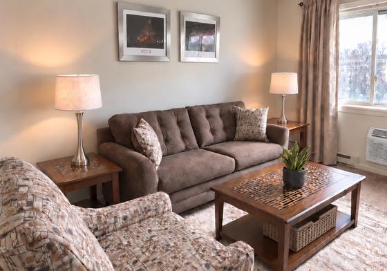Furnished living room with sofa and armchairs in a J.E. apartment